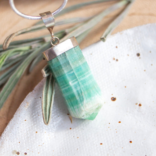 Sterling Silver Green Banded Calcite Crystal Pendant